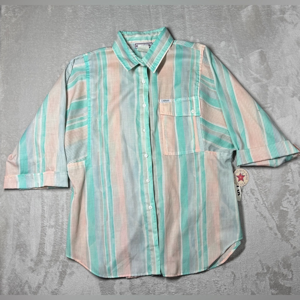 NWT Vintage Cabrais Women’s Button Front Collared Pastel Stripe Top Size 12